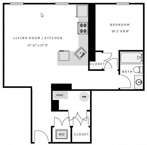Floor plan for 1 bed, 1 bath, 650 sqft